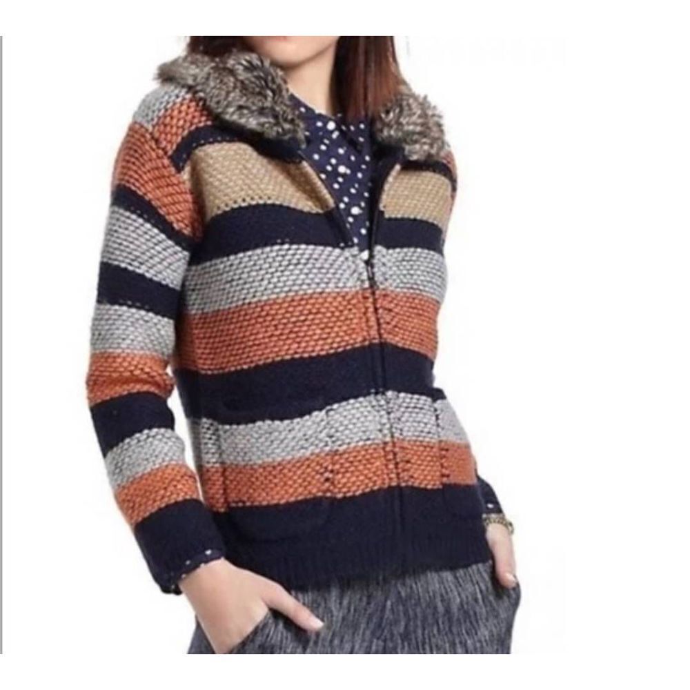 Anthropologie Sparrow Latitudes Wool Blend Faux Fur Neckline Zip Up Sweater sz X